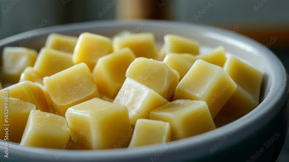 Aufkleber A bowl filled with cubes of cheese placed on a table for serving or snacking