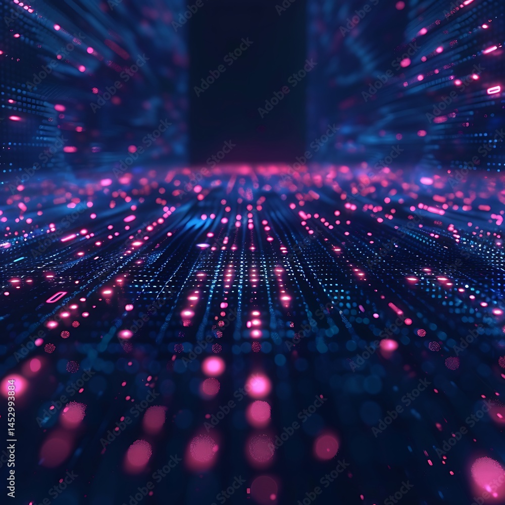 Poster abstract futuristic background with glowing pink and blue data particles forming a floor or pathway 