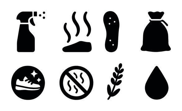 Deodorizing solution solid icons set &ndash; silhouette, odor removal, freshening symbols