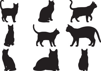 Nine Black Cat Silhouettes Various Poses Adorable Pet Collection