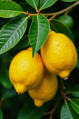 Lemon varieties hanging on a tree branch in a sunny garden setting during late summer