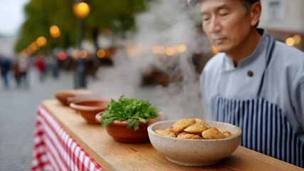 Culinary Sensation: A seasoned chef, enveloped in the fragrant steam of his culinary creations, carefully examines the finished product, epitomizing dedication to the craft.