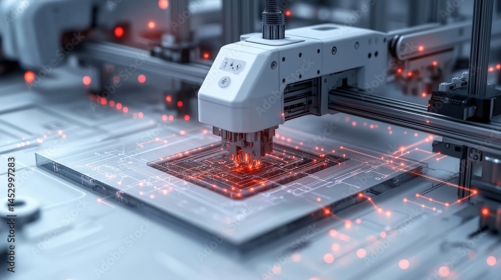 Aufkleber advanced robotic machinery assembling microchips in a high-tech environment with glowing circuits