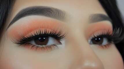 Obraz premium Closeup of Woman's Eye with Peach Makeup and Dramatic Lashes