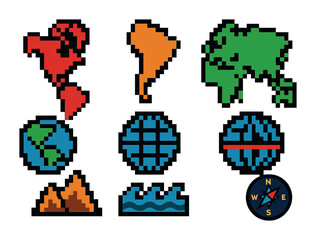Geography and navigation icons set &ndash; pixel art, global, directional symbols