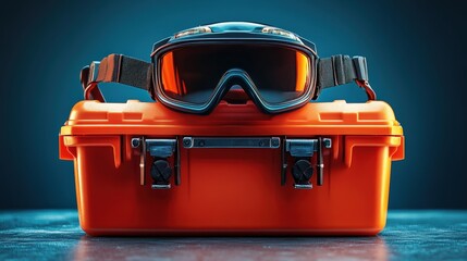 Protective gear displayed on a vibrant orange toolbox against a dark blue backdrop