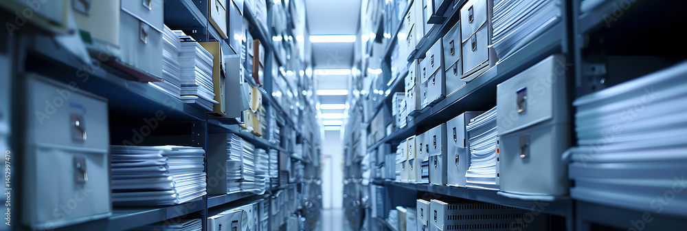 Aufkleber perspective view down a long aisle between tall shelves stacked with numerous archive boxes and file