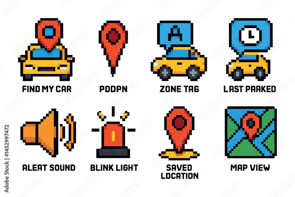 Aufkleber retro pixel art car navigation icons for digital interfaces and apps