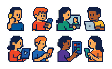 Fototapeta premium Communication and technology icons set – pixel art, digital, media symbols