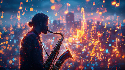 Silhouette of a saxophonist performing in a vibrant city at night, surrounded by musical notes and glowing lights