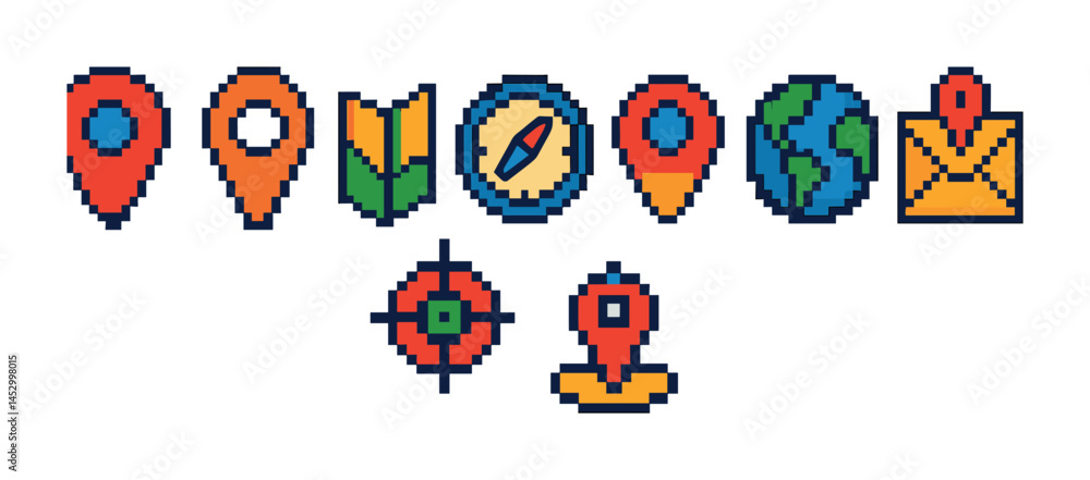 Poster navigation and travel icons set – pixel art, compass and map elements