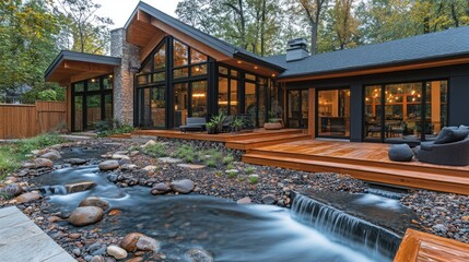 Modern home's backyard stream, autumn landscape