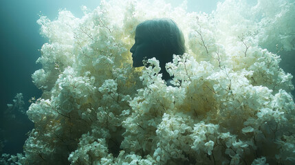 Silhouette of a person immersed in a bed of white flowers underwater, bathed in soft light