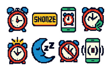Alarm and clock pixel art icons set – snooze, timer, time management graphics