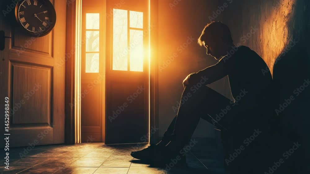 Poster a person sitting in front of an open door, possibly contemplating or making a decision