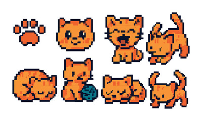Cute cats pixel art icons set – outline, vintage, retro and feline graphics
