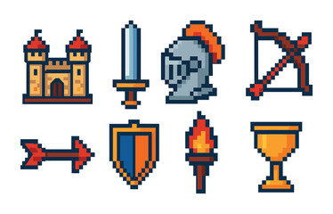 Medieval pixel art icons set &ndash; castle, knight, fantasy theme