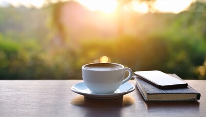 coffee cup with book for read and mobile phone diary book on table at outdoor cafe in the morning