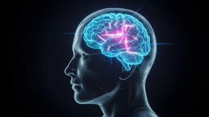 3D head with glowing brain activation, blue neon style, showing neural impulses and artificial intelligence on dark background