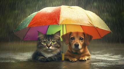 Cat and Dog Under an Umbrella: A cat and dog sitting under a colorful umbrella, sheltering from the rain.
