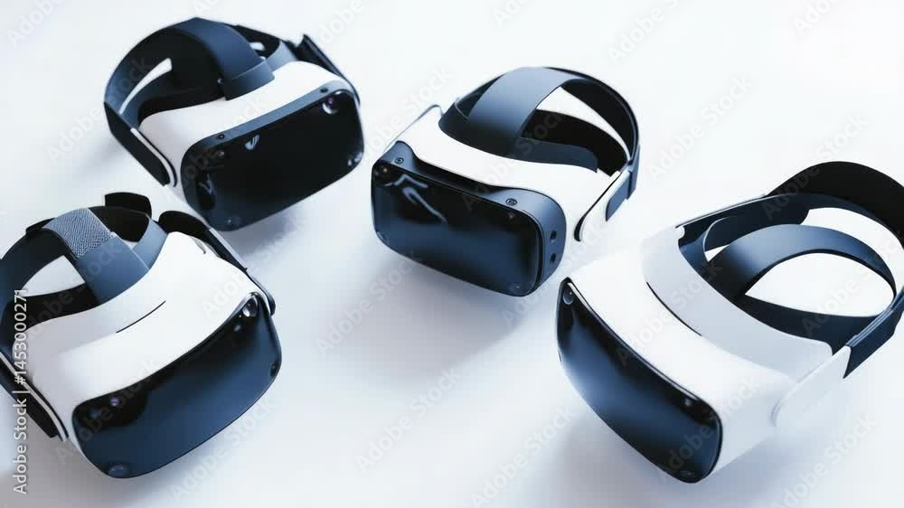 Poster a pair of vr headsets and controllers placed on a flat surface, ideal for illustrations, presentatio