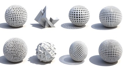 Abstract 3D Geometric Shapes: White Lattice Spheres and Polyhedron