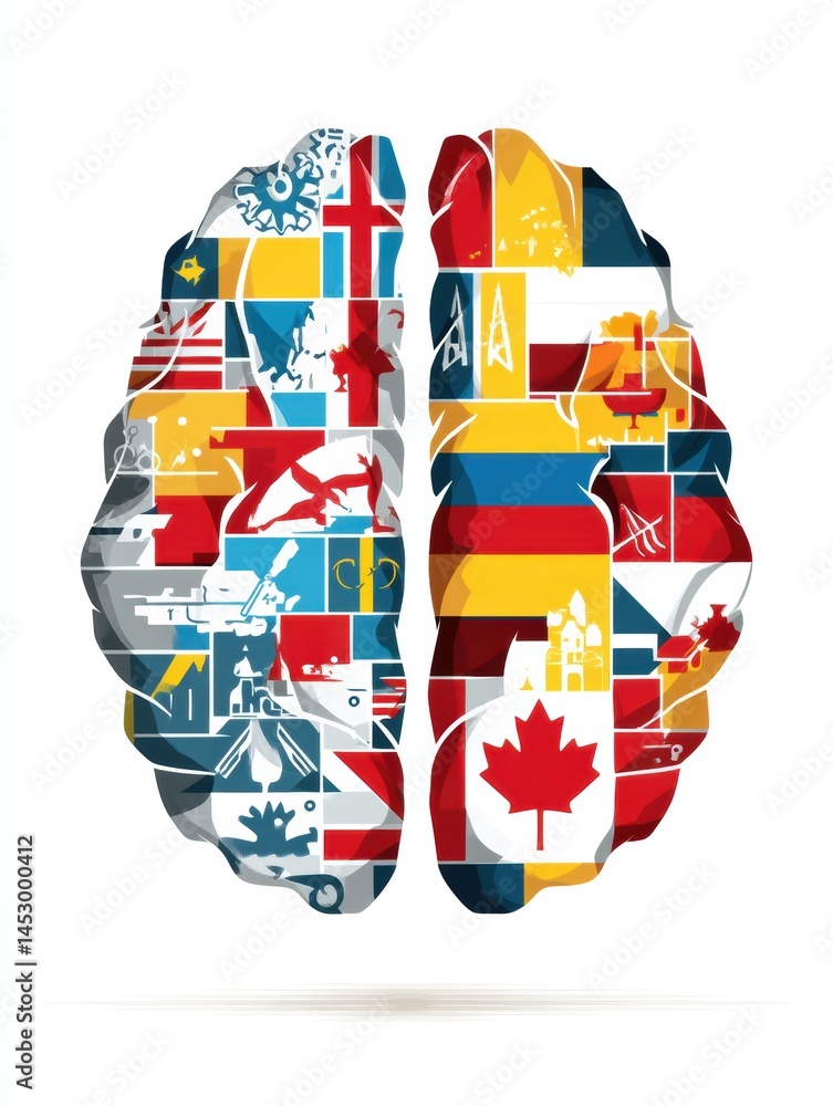 Leinwandbilder competing ai brain models showcase diverse country logos and flags split into two halves representin