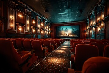 Modern cinema hall with red seats and movie on screen