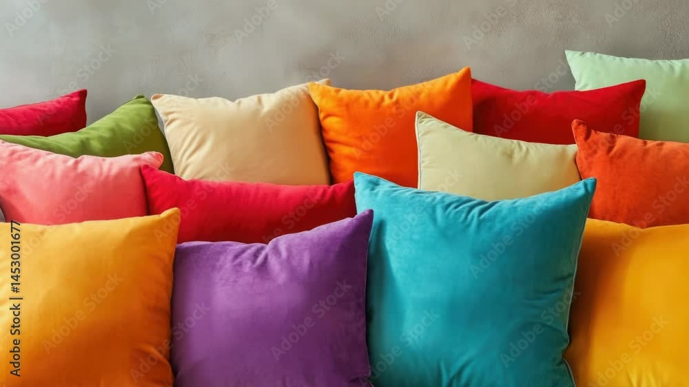 Poster a collection of vibrant pillows arranged on a sofa, perfect for adding a pop of color to any room's 