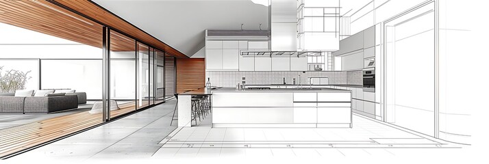 Combination sketch and rendering of a modern kitchen and living area interior design plan. Architectural concept showing project development or renovation.
