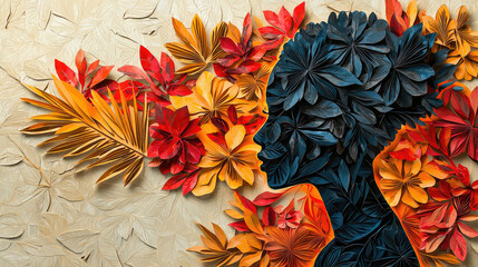 Silhouette of a woman, adorned with autumn leaves and foliage.  Detailed paper cut design