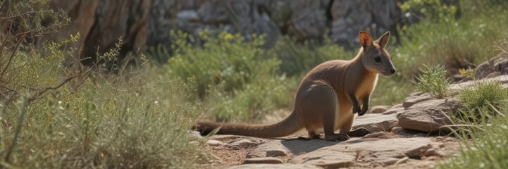 Fototapeta premium Rock wallaby grazing amongst sparse vegetation in Queensland's rocky terrain, wildlife, australian wildlife, wild animal