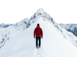 Hiking on snowy mountain peak with a person in red jacket
