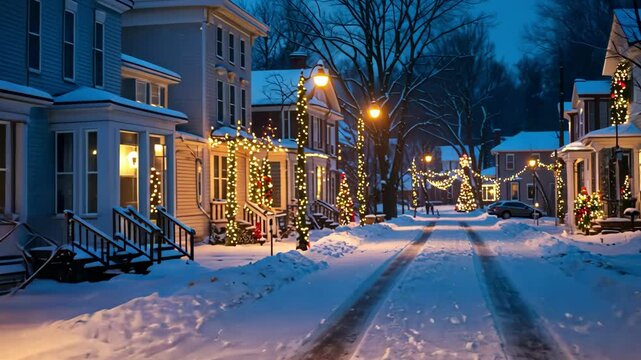 Christmas lights adorn a snowy winter village