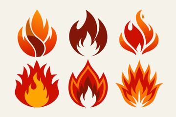 Six Abstract Fire Flame Icons Set for Design