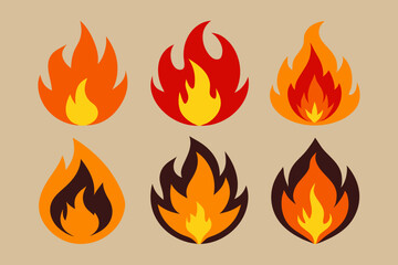 Six Colorful Flat Fire Flame Icons Set for Design