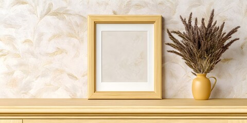 Wooden Frame Mockup with Dried Pampas Grass on Wooden Shelf