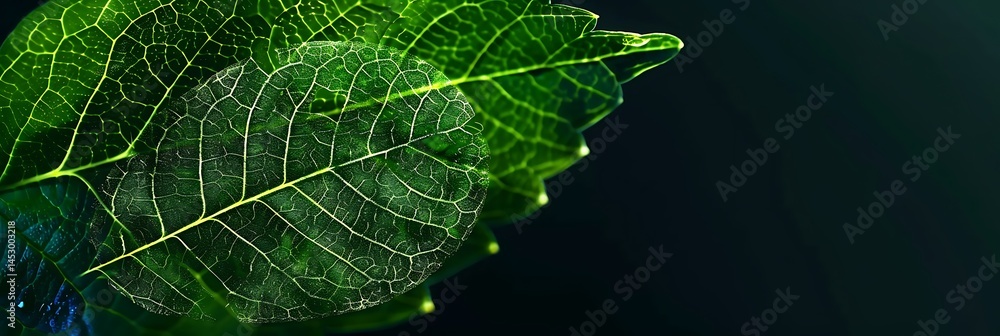 Poster macro close-up of a vibrant green leaf showing intricate vein patterns and small water droplets on i