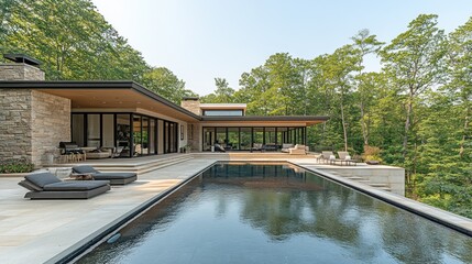 Modern home's infinity pool overlooks wooded landscape