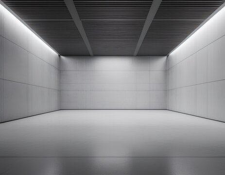 abstract interior design of modern showroom with empty white concrete floor and gray wall background 