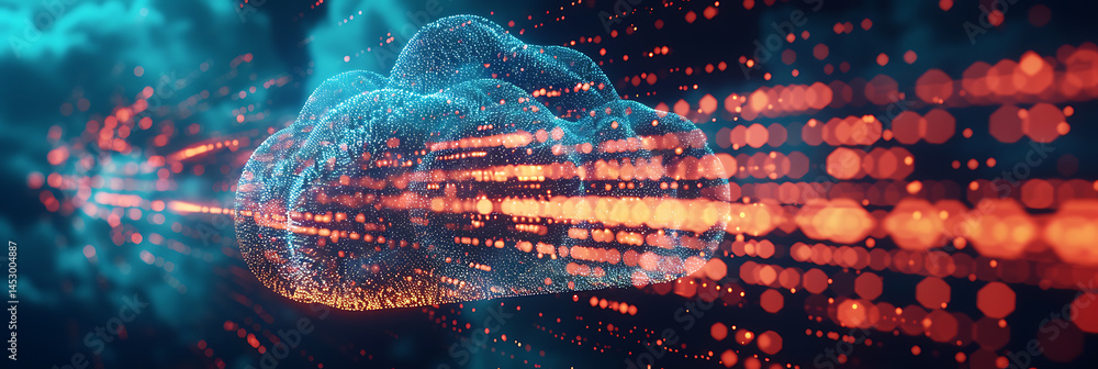 Poster digital cloud symbol formed by particles with glowing orange data streams flowing rapidly. concept o