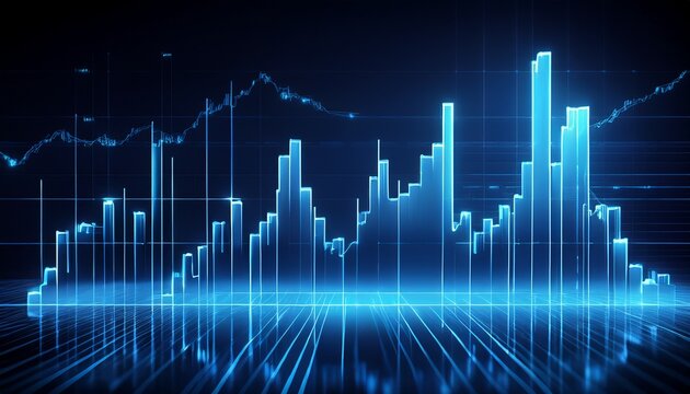 financial data charts with glowing stock and forex graphs on a dark background illuminated in blue tones 