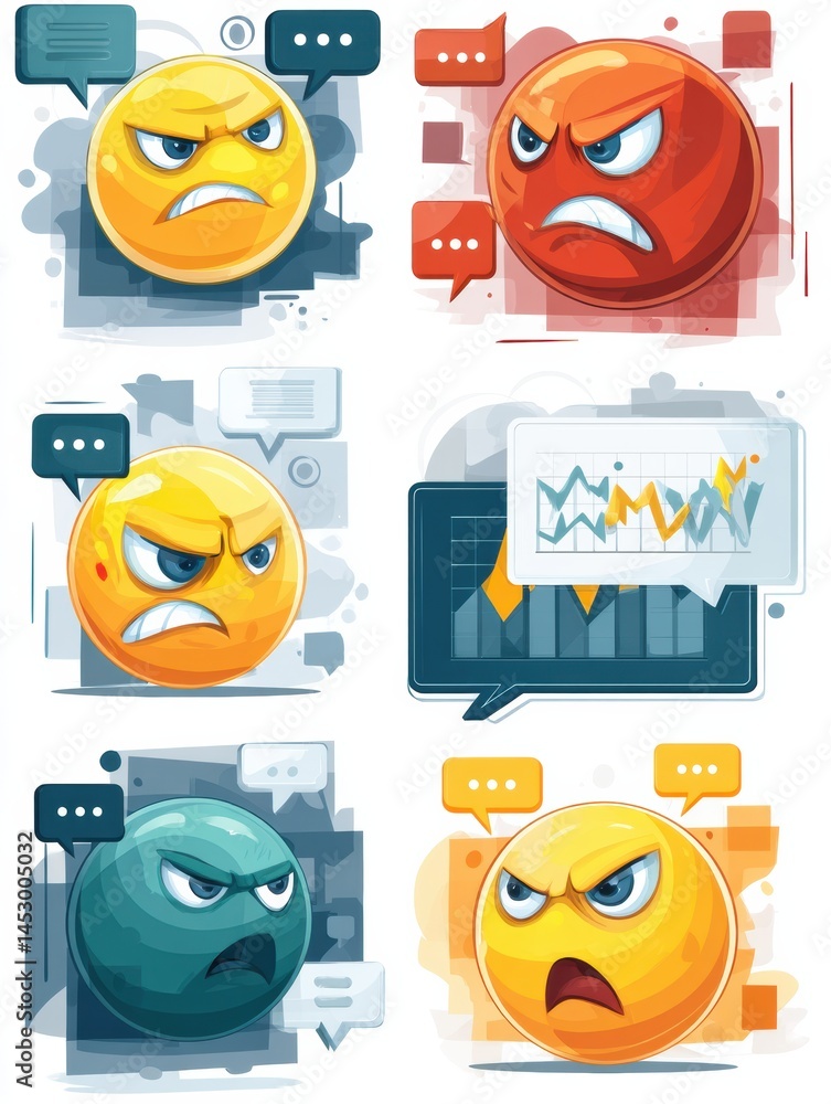 Poster angry emoji icons expressing frustration with trade graphs in speech bubbles generative ai