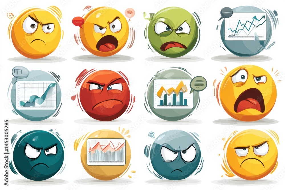 Poster Emojis Express Strong Emotions About Trade and Market Trends in Vibrant Colors and Dynamic Designs With Speech Bubbles Generative AI