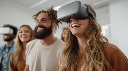 Five friends enjoy a lively gaming session, wearing virtual reality headsets and displaying excitement as they navigate an immersive digital world together in a bright studio setting