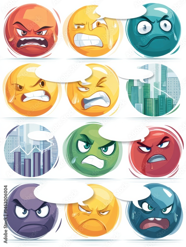 Fototapete emojis express frustration with trading graphs in colorful speech bubbles generative ai