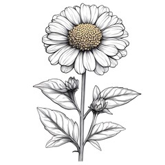 A Detailed Illustration of a Daisy Flower with Stem and Leaves