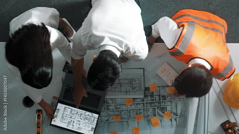 Poster top view of smart architect and skilled civil engineer team working together to design building cons