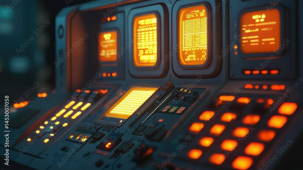 Poster Close-up view of a control panel in a room with various buttons and displays