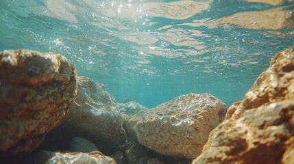 Obraz premium Submerged stones beneath clear, sunlit water.